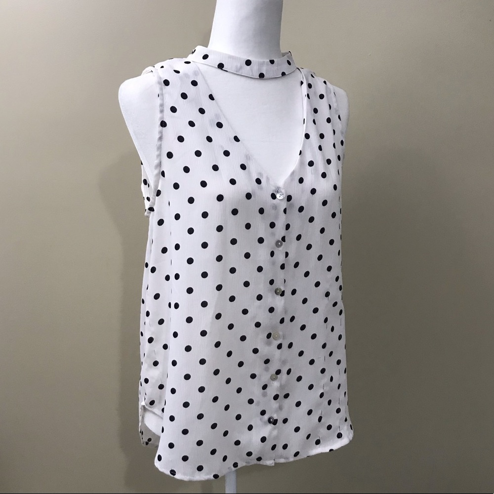 Sleeveless White Polka Dot Button-Front Top